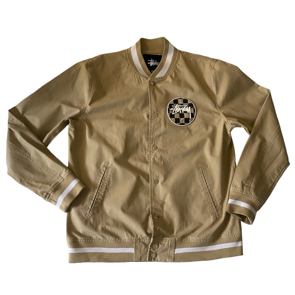 Y2K Stussy Size Large Varsity Snap-On Jacket Unisex Beige with checker patch